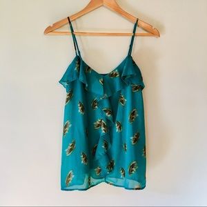 Teal Flounce Trim Feather Print Spaghetti Top